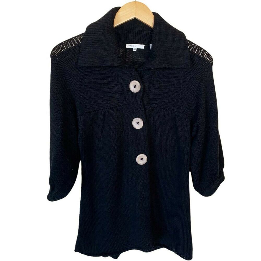 VINCE Black Wool Knit Cardigan Sweater Button Down Short Sleeves Collar Sm EUC